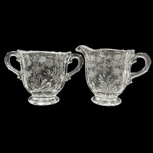 Vintage 1940s Fostoria Glass Company Chintz Etched Floral Pattern Sugar Creamer